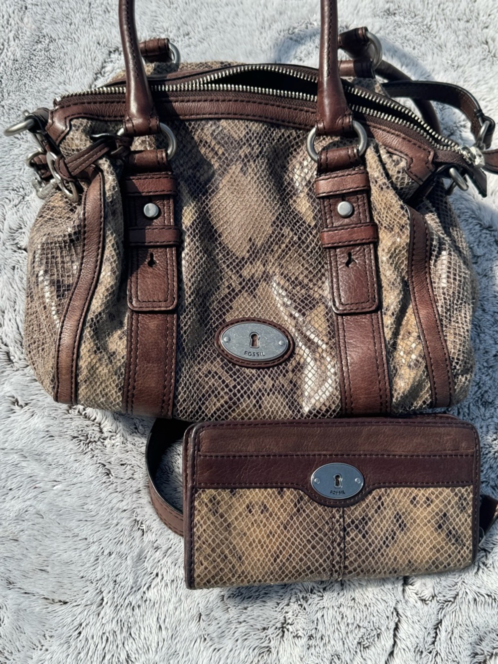 Fossil Brown Snake-Print Satchel with Dark Brown Trim - Picture 3 of 5